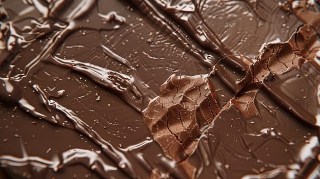 Detailed close-up of a smooth chocolate bar with visible break lines and a perfectly even surface, showcasing its rich dark color.