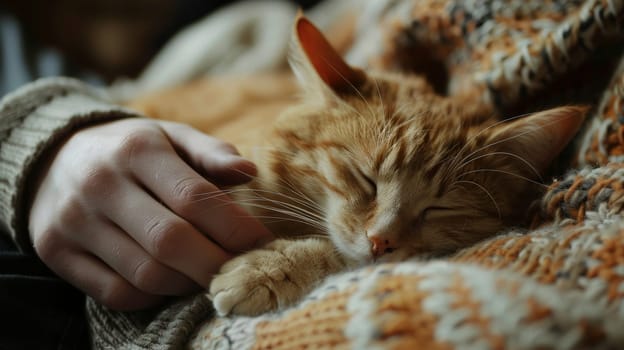 A person gently petting their cat and is comfortable curled up on their lap, A cat lying with owner, Love for cat.