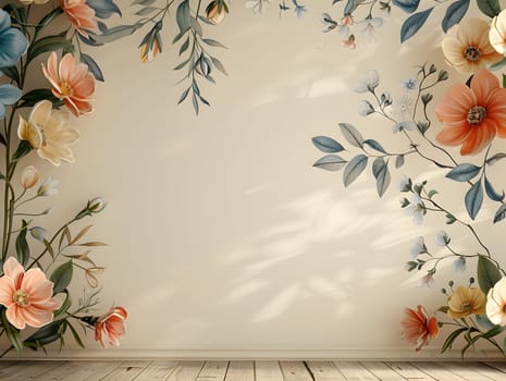 The room features a wooden flooring and a wall adorned with a beautiful painting of flowers, leaves, and petals arranged in a rectangular plant artwork