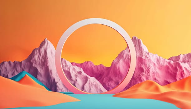 A mountain range with a pink and orange sky and a large circle in the middle by AI generated image.