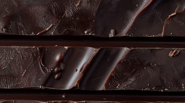 Close-up view of a dark chocolate bar with visible break lines, smooth texture, and rich color.