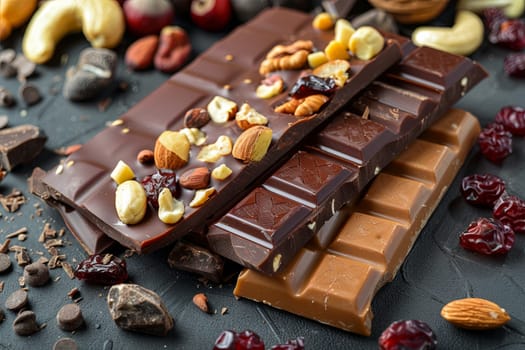 A chocolate bar filled with nuts and cranberries, showcasing rich textures and natural ingredients.