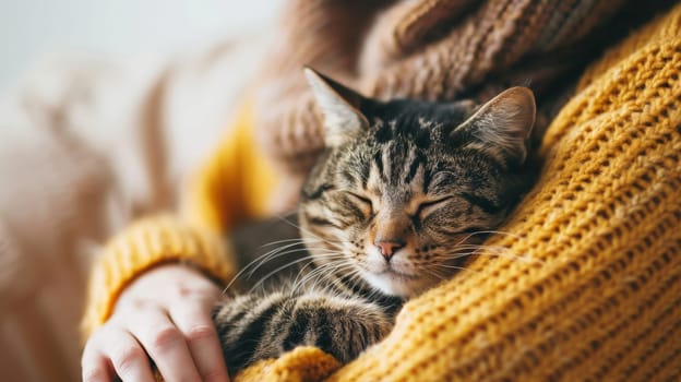 A person gently petting their cat and is comfortable curled up on their lap, A cat lying with owner, Love for cat.