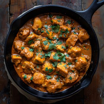 A delicious chicken curry stew served in a cookware skillet, placed on a rustic wooden table. This flavorful dish combines meat, spices, and produce to create a hearty meal