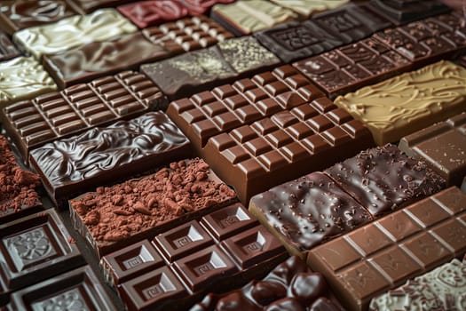 Various types of chocolate bars neatly arranged on a table, showcasing a variety of flavors and types.