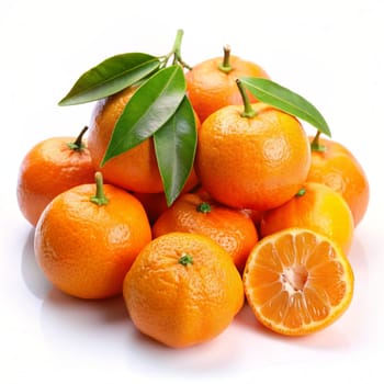 Tangerines or clementines with green leaf on white background. Ai generated image