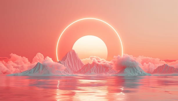 A mountain range with a pink and orange sky and a large circle in the middle by AI generated image.