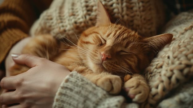 A person gently petting their cat and is comfortable curled up on their lap, A cat lying with owner, Love for cat.