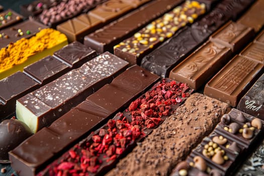 Close up of a variety of chocolates, showcasing different flavors and types with rich colors and high detail.