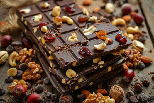 Detailed close-up of a chocolate bar studded with nuts and dried fruits, showcasing rich textures and natural ingredients.