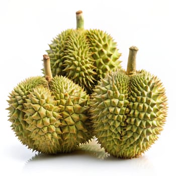 Ripe Durian fruits isolated on white background. Ai generated image