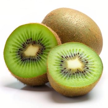 Ripe whole kiwi fruit and half kiwi fruit isolated on white background. Ai generated image