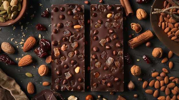 A bar of chocolate is surrounded by a variety of nuts and dried fruits, creating a visually appealing and appetizing display.