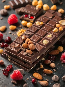 Rich chocolate bar topped with crunchy nuts, juicy raspberries, and sliced almonds.