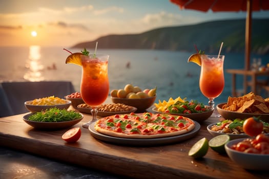 cold cocktails on the table and snacks, on the seashore in the evening .