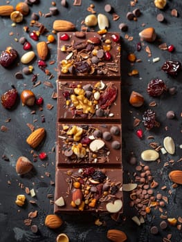 A close-up of a chocolate bar adorned with nuts and cranberries, showcasing rich textures and natural ingredients.