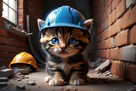 Cute cat in a construction helmet, builder .