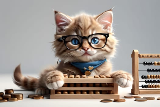 cat accountant in glasses with wooden abacus .