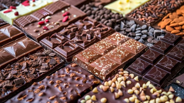 Assorted chocolate bars in rich colors and flavors, neatly arranged for a close-up view.