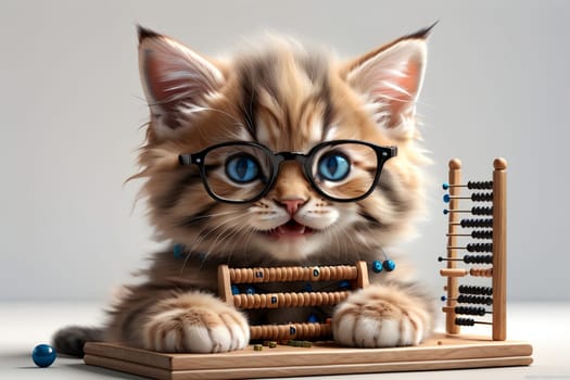 cat accountant in glasses with wooden abacus .