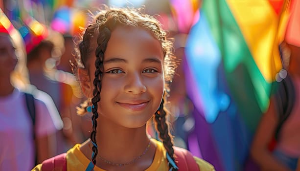 A woman a yellow shirt stands in front of a rainbow flag by AI generated image.