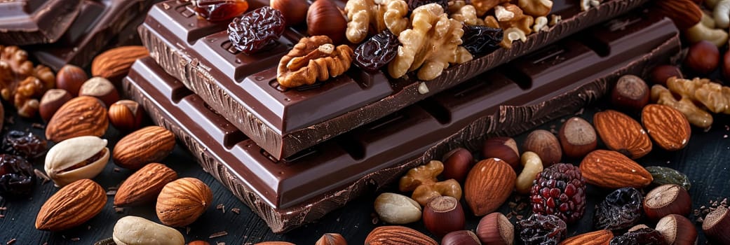 Assortment of chocolate bars coated with nuts and dried fruits, showcasing a blend of textures and flavors.