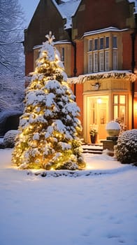 Christmas in the countryside manor, English country house mansion decorated for holidays on a snowy winter evening with snow and holiday lights, Merry Christmas and Happy Holidays design