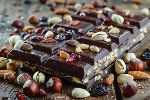 Detailed close up of a chocolate bar filled with nuts and dried fruits, showcasing rich textures and natural ingredients.