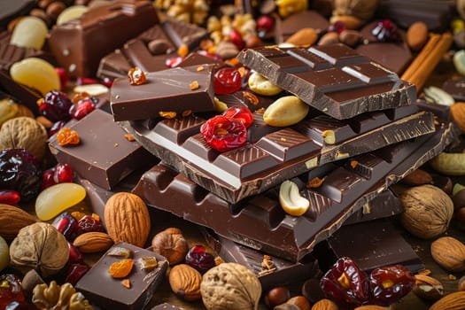 A mound of chocolate bars adorned with nuts and cranberries, showcasing rich textures and natural ingredients.