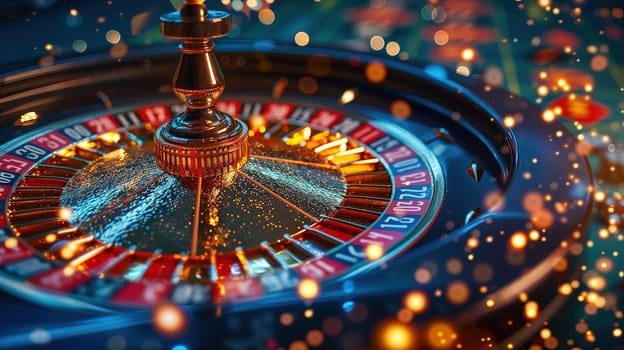 This close-up shot features a detailed view of a casino wheel with blurred surroundings in the background. The wheel is a key element in the gambling and casino world, where players rely on luck and strategy to win.