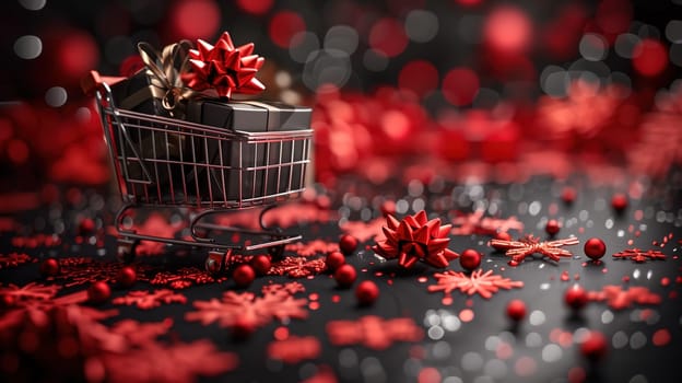 A shopping cart overflowing with a variety of Christmas decorations is placed on top of a table. Baubles, tinsel, lights, and ornaments are visible in the cart, creating a festive and joyful scene.
