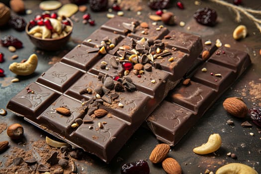 A chocolate bar filled with nuts and cranberries, showcasing rich textures and natural ingredients.