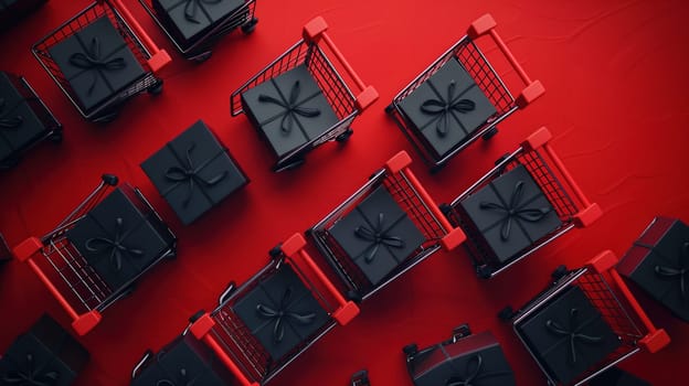 A collection of black boxes with bows neatly arranged, symbolizing a sale or Black Friday concept. The boxes are uniform in size and color, ready to be purchased or gifted.