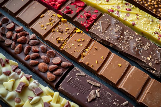Close up view of a variety of chocolate bars in different flavors and types, neatly arranged with rich colors.