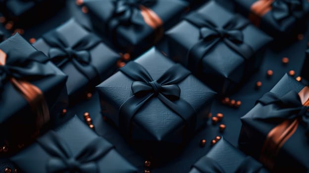 A collection of black wrapped presents neatly arranged on a table, symbolizing the concept of sales and Black Friday. The gifts are various sizes and shapes, adding intrigue to the scene.