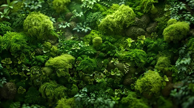 A detailed shot of a wall adorned with lush green moss and various terrestrial plants, creating a beautiful natural landscape rich with plant life
