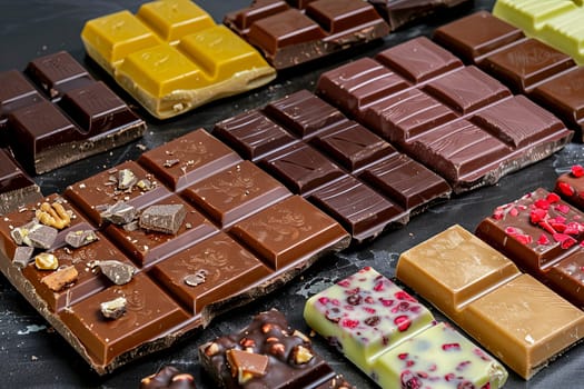 Diverse selection of chocolate bars in various flavors neatly arranged on a table.