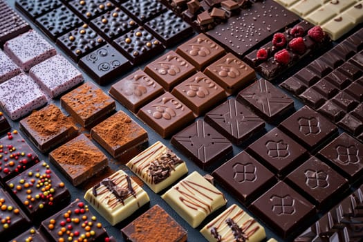 Various types of chocolate bars, each with distinct flavors and textures, neatly arranged on a table.