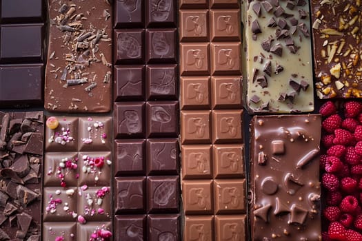 Various chocolate bars and fresh raspberries neatly arranged on display at a confectionery.