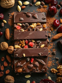 Detailed close-up of a chocolate bar loaded with various nuts, showcasing rich textures and natural ingredients.