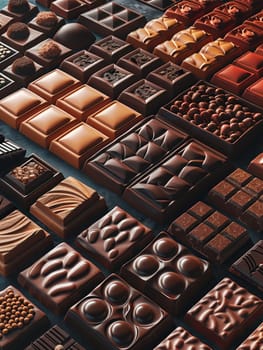 Various chocolate bars in different flavors and types neatly arranged on a table.