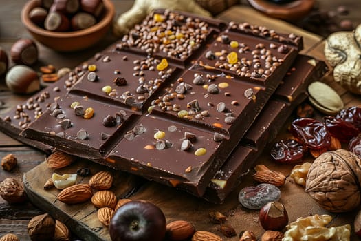 Detailed close-up of a chocolate bar filled with various nuts and dried fruits, showcasing rich textures and natural ingredients.