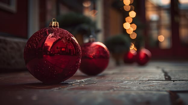 A pair of red Christmas ornaments rest on a wooden floor, adding a festive touch to the holiday event with their magenta hue and glass texture