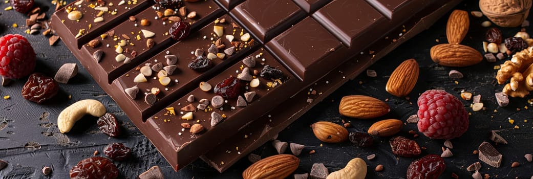 A chocolate bar adorned with nuts, raspberries, and almonds, creating a visually appealing and appetizing treat.