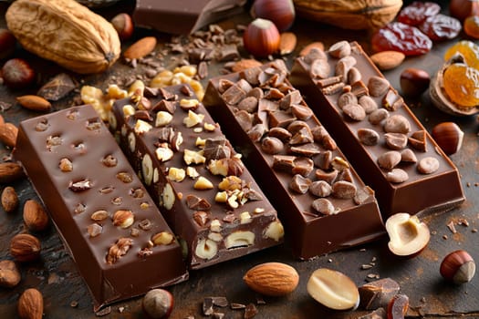 Detailed close-up of a chocolate bar filled with assorted nuts, creating a rich and appetizing texture.