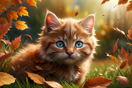 red kitten among falling leaves in autumn .