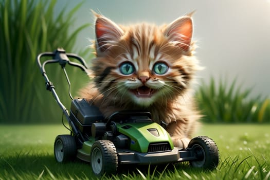 working cat mowing the grass in summer .