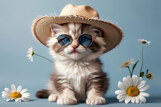 summer, daisies, cat in sunglasses and hat .