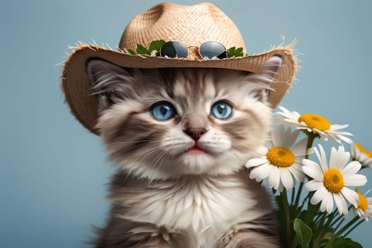 summer, daisies, cat in sunglasses and hat .