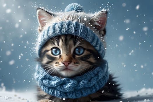 winter, snow, cat in a warm hat .